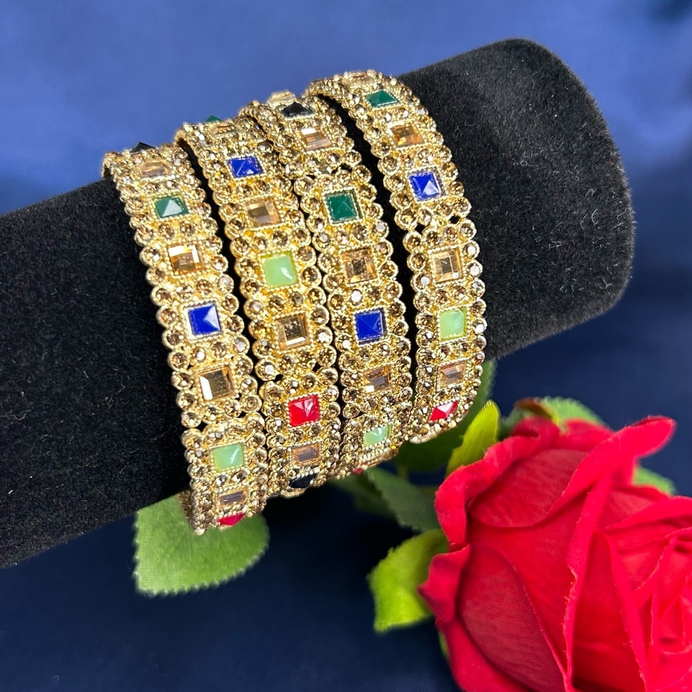 Set Of 4 Multi Gold Mirror Work Bangles.